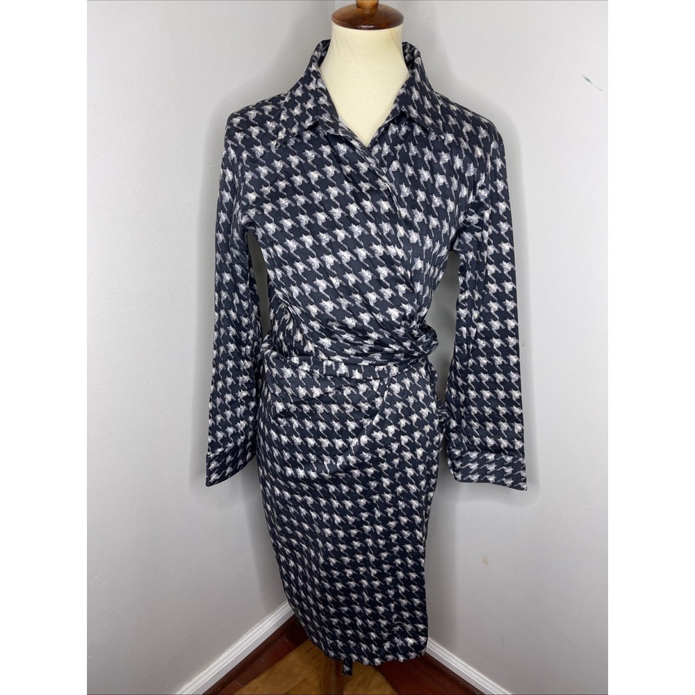 Samantha Sung Black White Printed Cotton Longsleeve Wrap Dress Sz 14